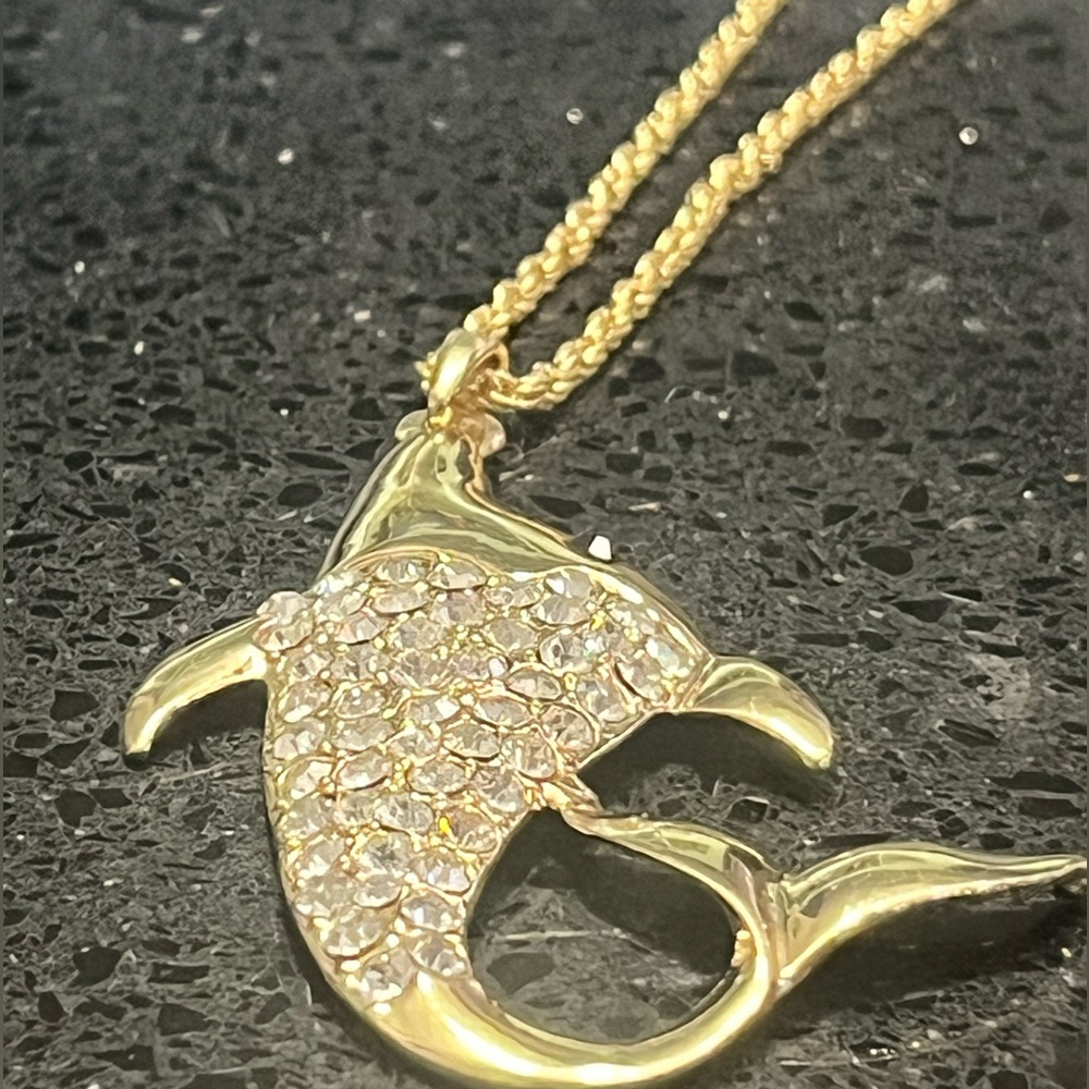 Pave Set Crystal Florida DOLPHIN Pendant Chain fish, ocean pendant Necklace Gold - Picture 6 of 7